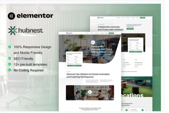 Hubnest - Coworking Space & Virtual Office Elementor Pro Template Kit